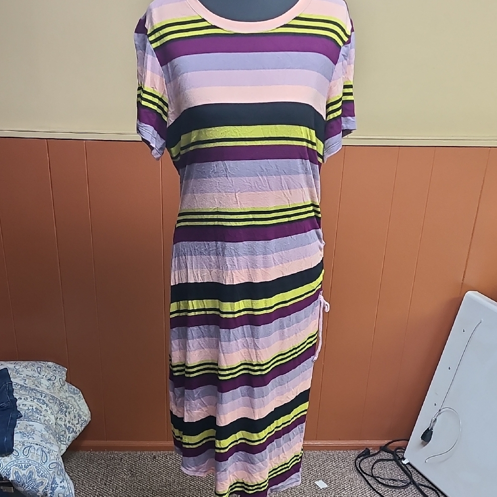 Striped Midi Dress with Purple, Pink, and Yellow Accents